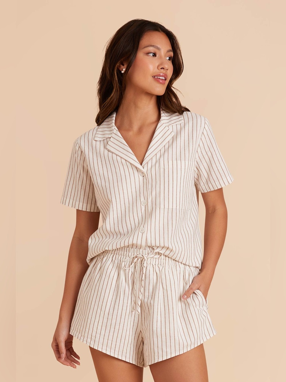 Birdy Grey | Taupe Striped Linen Blend Atticus Pajama Set